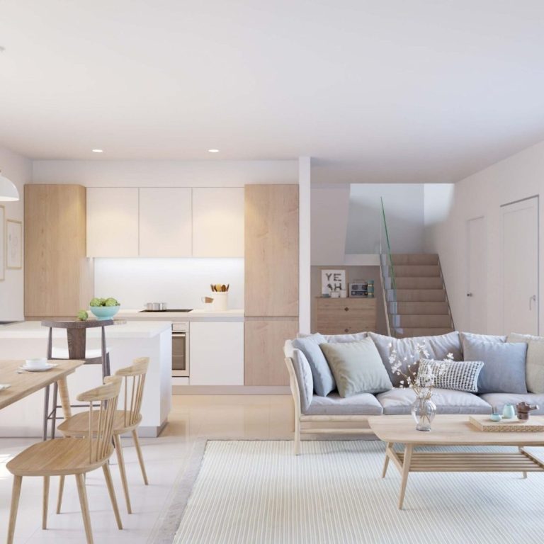 Lovivin estilo de arquitectura moderna Sala de estar moderna con cocina abierta, muebles de madera y decoración minimalista.