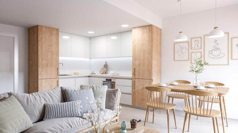 Lovivin estilo de hogar natural Cocina moderna con muebles de madera clara y zona de comedor minimalista.