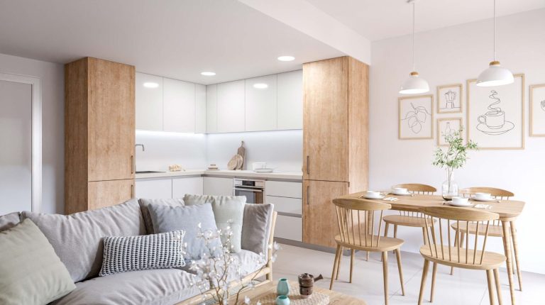 Lovivin estilo de arquitectura minimalista Cocina moderna y luminosa con muebles de madera, comedor y área de estar acogedora.