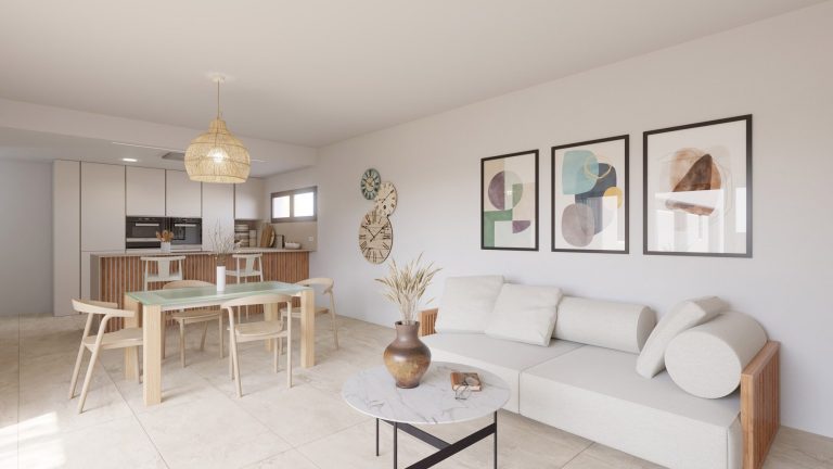 Lovivin estilo de arquitectura mediterranea Sala de estar moderna con sofá, mesa de centro y estilo minimalista. Posters decorativos en la pared.