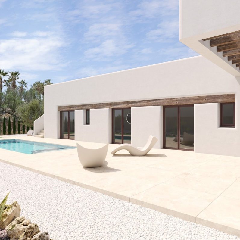 Lovivin estilo de arquitectura mediterranea Casa moderna con piscina, terraza y muebles minimalistas, en un entorno soleado.